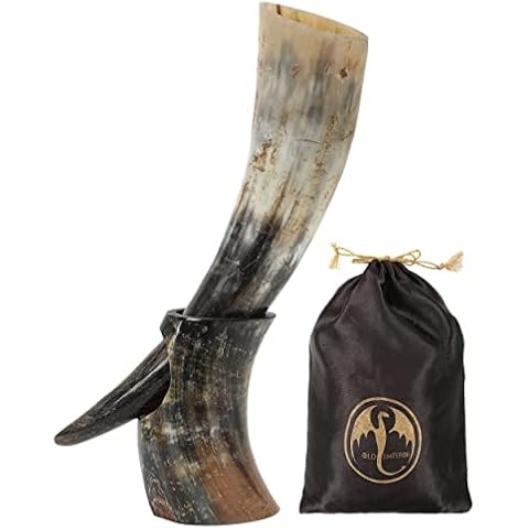 OldEmperor Viking Drinking Horn - 12 Inch with Horn Stand | 100% Authentic Handmade Beer Cup | Food Grade | Unique Genuine Ox Horn | Natural Shine Finish | Gift Bagn (Drinking Horn) Cover