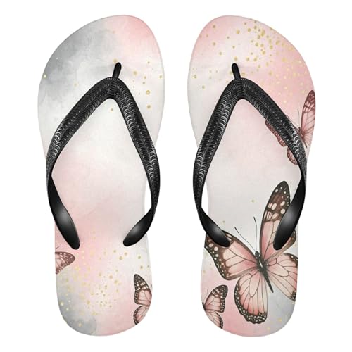 Burbuja Pink Grey Butterflies Flip Flops for Women Men, Soft Thong Sandals Rubber Slippers for Pool Beach Essentials