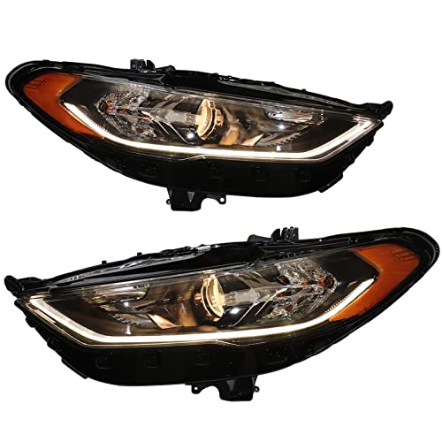HWLMPS Halogen Headlights Assembly Replacement For 2017 2018 2019 2020 Ford Fusion W/Led Drl, Black Bezel & Amber Reflector, Projector Headlamps Driver and Passenger Side,Plug and Play