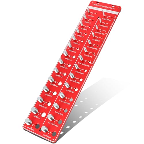 PartyKindom 28-Bit Nut and Bolt Thread Checker, Aluminum Thread Gauge, Red, Measures M 4 - M 14, Multi-Size Screw Identifier for Home and Workshop Use