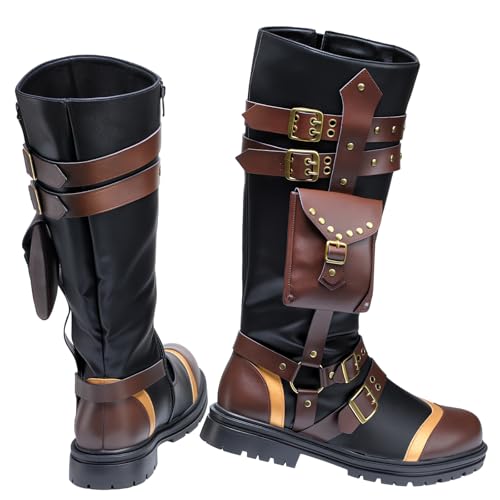 Breathffy Men's Medieval Steampunk Boots Renaissance Pirate Costume Boots Viking Shoes for Halloween Cosplay Costume(US 12) Brown