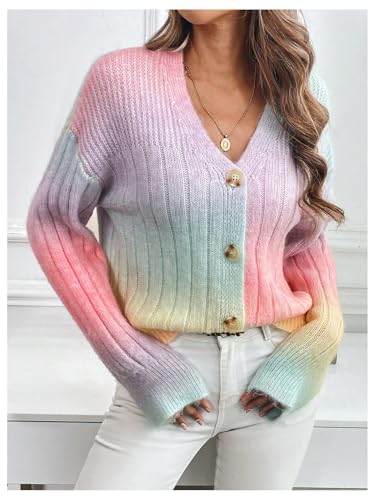 Image of MakeMeChic Women's Colorful Chunky Cropped Cardigans Button Down Long Sleeve Drop Shoulder Rainbow Sweater Multicolor a Small