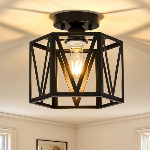 Small Black Farmhouse Semi Flush Mount Ceiling Light, 1-Light