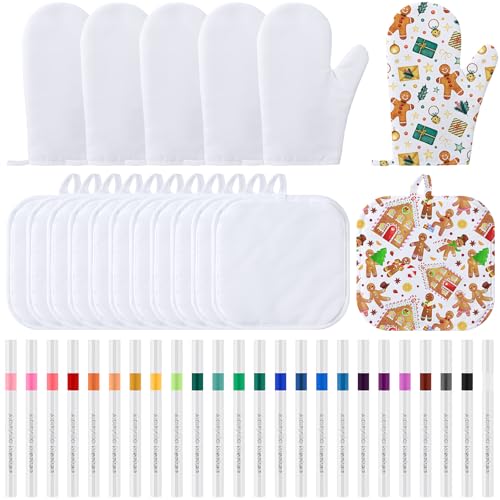 LemonRoad 42 Pcs Sublimation Oven Mitts Potholders Blanks Set Include 12 White Pot Holders 6 Oven Gloves 24 Colored Marker Pens for DIY Activities Mom Women Gifts Kitchen Cooking Baking