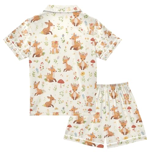 senya Deer Fox Leave Cute Satin Summer Pajama Sets Silk Short Sleeve Button Down Sleepwear2
