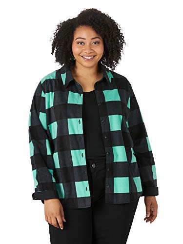 Riders by Lee Indigo Damen Plus Size Long Sleeve Front Pattern Fleece Shirt Hemd mit Button-Down-Kragen, Türkis Büffelkaro, 2X Cover