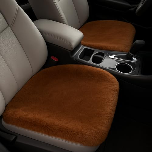 Image of Premium 3Pcs Car Seat Cover /Pad /Cushions | Luxury & Soft Rabbit Fur Cover | Fluffy Plush Vehicle Protector Pad with Non-Slip Backing | Universal Fit for Most Vehicles | Colour: Coffee