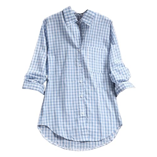 Image of Womens Plaid Shirt Oversized Button Down Shirts Casual Lapel Collar Long Sleeve Blouse Vintage Boyfriend Long Checked Shirts Basic Loose Check Blouses Top with Pocket(Blue,M)