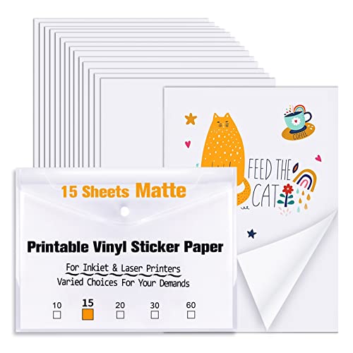 Sticker Paper For Inkjet Printer & Laser Printer, 15 Sheets Printable Vinyl Sticker Paper Matte White Waterproof, Size 8.5''X11" A4 Printer Paper - Holds Ink Well Quick Dry Vivid Colors Tear Resistant #TOP11