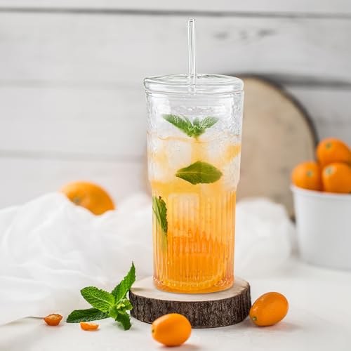 Joeyan 22 oz Glass Tumbler with Straw and Lid for Iced Tea Coffee Smoothie Water Juice Beverages Soda,Clear Borosilicate Glasses Cups,Ribbed Drinking Jar,Set of 2,Dishwasher Safe