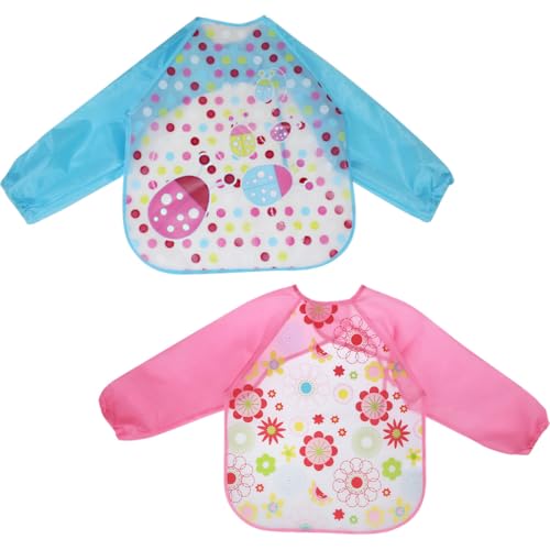 HANABASS Delantales Impermeables para Pintar 2 Unidades Manga Larga EVA Girasol Rosa y Insecto Azul Protección contra Manchas para Dibujo y Actividades Creativas