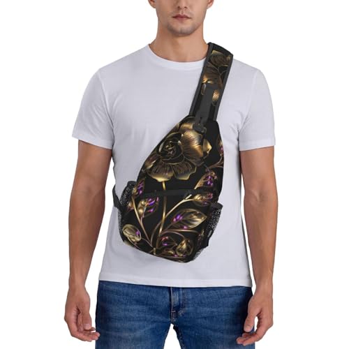 Bolso Cruzado de Pecho para Hombre Negro con Flores Doradas miniatura 7