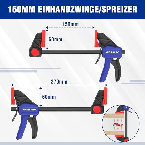 WORKPRO Einhandzwingen Set 4 Stück Schraubzwingen Spanner, Spannweite 120mm/150mm, Dehnbereich 200mm/285mm, Spannkraft 23kg/68kg, Stahl und Nylon für präzises Fixieren