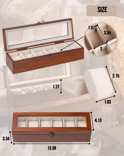 Image of Watch Box, Watch Case for Men Women with Large Glass Lid, Wooden Watch Display Storage Box with 6 - Slots, Classic Walnut Mens Watch Box Organizer
