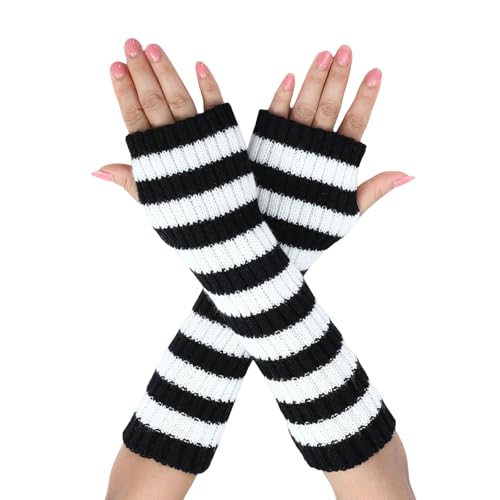 Suxgumoe Women Arm Warmers Knitted Long Sleeve Fingerless Gloves Mittens Winter Wrist Warmers with Thumb Hole for Ladies Girls (C Black+White)