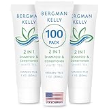 BERGMAN KELLY Travel Size Shampoo & Conditioner 2 in 1 (1 Fl Oz, 100 PK, White Tea), Delight Your Guests with Revitalizing and Refreshing Shampoo Amenities, Quality Small Size Hotel Toiletries in Bulk