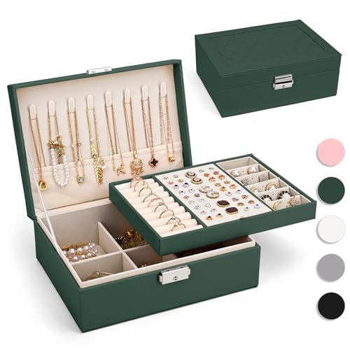 Yarmiene Boite a Bijoux, Grande Boîte à Bijoux avec 2 Étages, Organisateur de Bijoux de Voyage en Cuir PU, Portable Organisateur de Boîte à Bijoux, Coffret à Bijoux pour Ranger Bagues, Vert Foncé