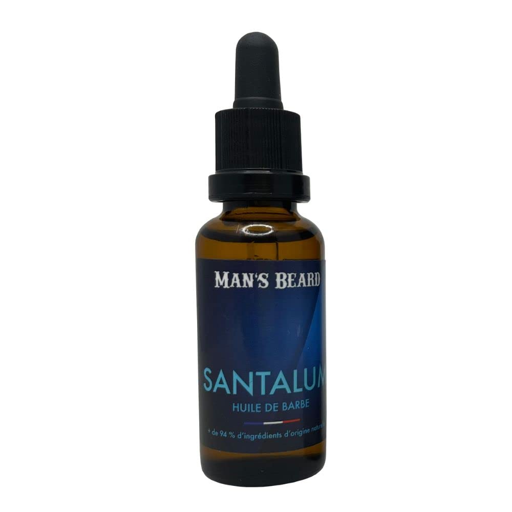 Man's Beard - Huile à barbe parfumée Santalum 30ml – Parfum bois de Santal - Soin et entretien hydratant naturel pour la barbe - Ingrédients d'origine naturelle -100% Fabrication Française
