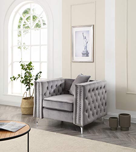 Sillón Terciopelo Gris Tufted Diseño Diamante miniatura 2