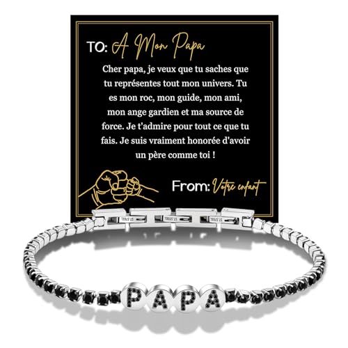 FANCIBAND Cadeau Papa Bracelet Homme Acier Inoxydable Bracelets de Tennis Avec le Mot Papa Avec 3 mm Zircon, Fete des Peres Cadeau Anniversaire Papa Fête Des Pères Noël Thanksgiving, Stainless Steel