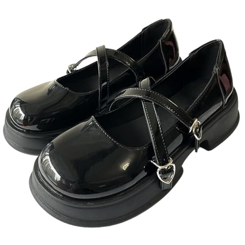 Y2K Goth Harajuku Kawaii Lolita Round Toe Chunky Heels Heart Buckle Cross Lace Up Mary Jane Platform Shoes