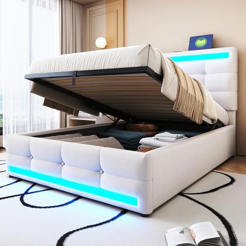 EINHOM Polsterbett 90x200 cm, Einzelbett mit Hydraulischer Stauraum, Jugendbett mit LED-Bettgestell und 2 USB-Ladestationen, Höhenverstellbares Kopfteil, Leinenstoff, Ohne Matratze, Beige