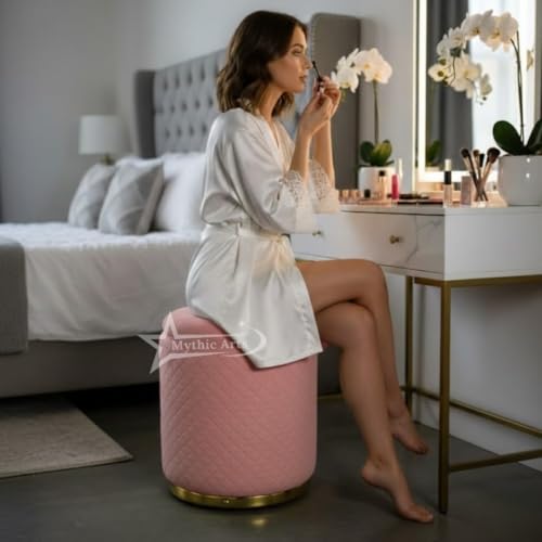 Image of Premium Round Storage Ottoman Stool 16 X 16X 19 inch, with Gold Metal Base | Luxury Pouffe with Hidden Storage | Cushioned Footrest for Living Room, Bedroom & Lounge Pink