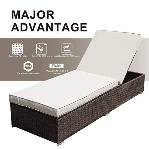 Outraveler Rattan Adjustable Backrest Patio Chaise Lounge Chairs, Reclining Wicker Lounger Bed for Outdoor Garden (Brown)