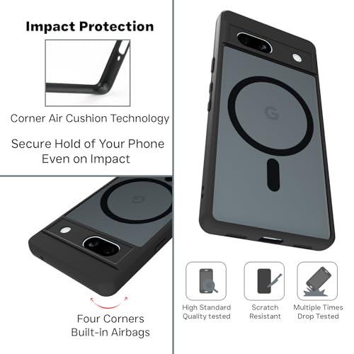 Image of RIGGEAR Shockproof Sleek Hybrid Armor Back Cover Case Compatible with MagSafe Accessories for Google Pixel 7A (Smoke Black Matte PC + Black TPU Bumper)