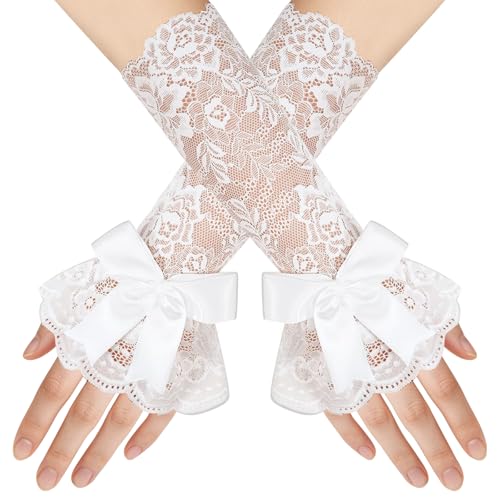 Gants en Dentelle Sans Doigts, Mitaine Dentelle Femme, Mitaines en Dentelles de Mariage, Mitaine Vintage Élégant Femme, Accessoires de Costume pour Mariage, Travail, Banquet, Halloween (Blanc)