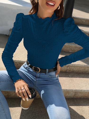 Image of Sugathari Girl's & Women's Spring /Summer Slim Fit High Neck T-Shirt with Stand Collar, Cap Sleeves and Eyelet Embroidery Frill Trim Tee Textured Sheer Fabric (T-Shirts 194 $P)
