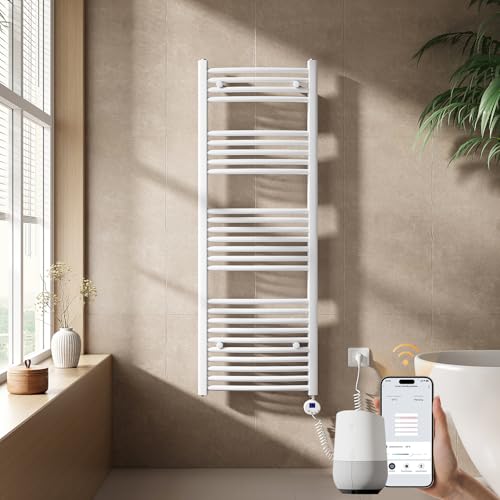 EMKE WiFi Handtuchheizkörper Elektrisch 1400x500 mm - Gebogen Badheizkörper Elektrisch, Elektrischer Handtuchwärmer Handtuchtrockner Handtuch Heizkörper Bad mit Thermostat und Heizstab - 600W, Weiß