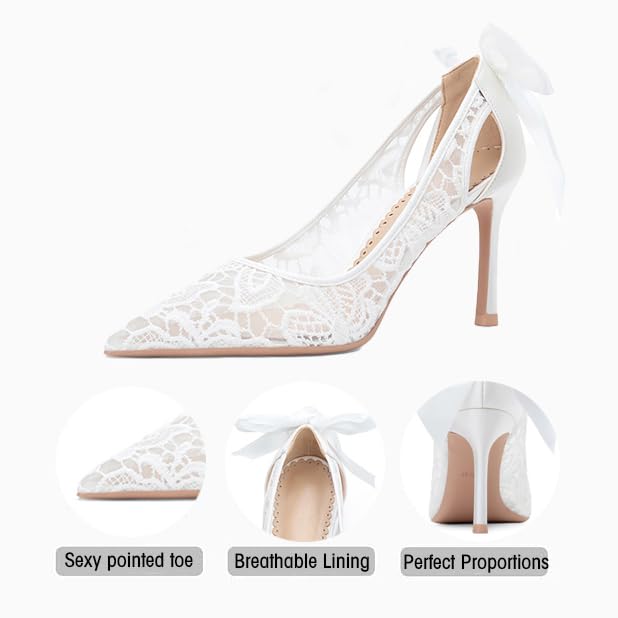 Women's Lace Bow Closed Pointy Toe Stiletto Pumps Slip On Breathable Sexy High Heels Dress Shoes for Wedding Bridal Party Prom2