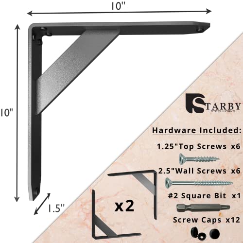 Starby Jetstream Solid Heavy Duty Low Profile Welded Countertop Support Shelf Brackets Floating Shelf Discrete Slim 500 Lb Capacity (2 Pack) (10" X 10" X 1.5") #TOP2