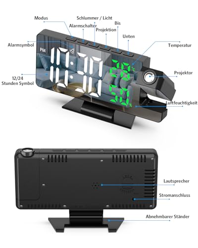 Brifit Projektionswecker, Digital Wecker mit Projektion 180°, Projektionsuhr mit Temperatur und Luftfeuchtigkeit, LED-Spiegelbildschirm, Snooze, Einstellbare Helligkeit, Digitaluhr für Schlafzimmer