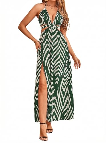 Image of SweatyRocks Women's High Split Tie Backless Cut Out Halter Maxi Dresses Boho Vacation Long Dress