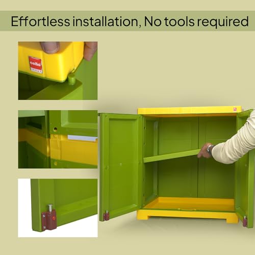 Image of Cello Novelty Compact Bookshelf, Green & Yellow | 2 Dustproof Doors | Space Saving Cupboard | Plastic Book Shelf | Multipurpose Book Shelf for Home, Office | Book Organizer for Library