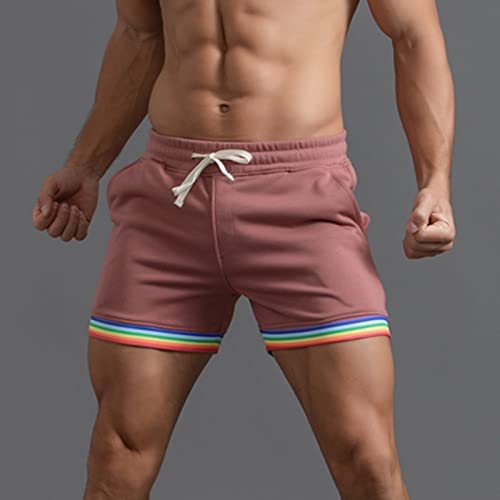 Calças masculinas de verão cor sólida arco-íris bolso cordão solto casual esportes corrida shorts re