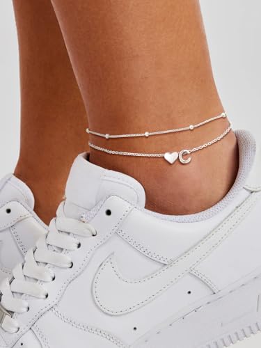 Image of SILVERCUTE Silver Anklets for Women, Waterproof Initial Heart Ankle Bracelets Sterling Silver, Adjustable Layered Foot Jewelry Summer Beach Fashion with Personalized Name Design, Gift Package