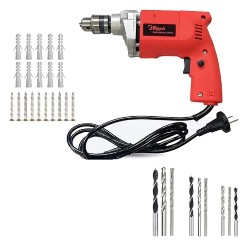 Image of Hillgrove HGCM1107M3 500W Drill Machine with 10Pcs Screws, 10Pcs Plastic Gitti, 9Pcs Drill Bit Set for Making Holes in Metal /Wood /Concrete Pistol Grip Drill (10 mm Chuck Size)