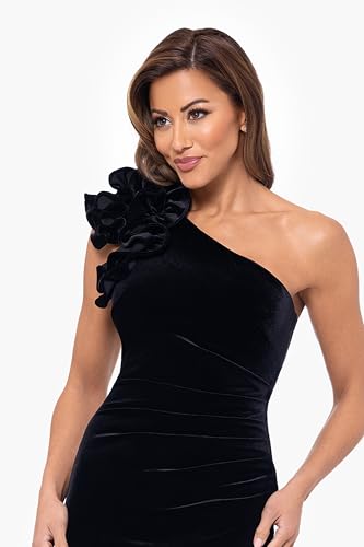 Xscape Women's Long One-Shoulder Velvet Dress with Ruffle Shoulder and Center Back Zipper, Black, 103