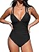 CUPSHE Women Swimming Costume Tummy Control One Piece Swimsuits Deep V Neck Double Straps Crisscross Back Tie Bathing Suits Black L