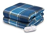 Biddeford Comfort Knit Fleece Electric Heated Warming Throw Blanket Blue Plaid Washable Auto Shut Off 10 Heat Settings