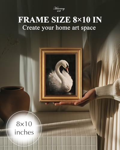 Image of HUARCEY Gold Framed Vintage Wall Art for Living Room, Animals Painting Prints Shelf Decor for Kitchen, Aesthetic Bedroom Wall Art, Best Gifts for Friends or Family - Swan Black 10L x 8W