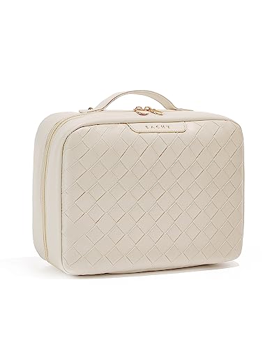 EACHY Toiletry Bag with Hanging Hook, Travel Makeup Bag PU Leather Cosmetic Bags for Women Make Up Organizer with 4 Compartments Waterproof Full-Size Portable Travel Essentials (Beige)