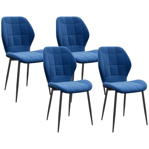 HOMCOM Dining Chairs Set of 4, Modern Style Velvet Upholstered Kitchen Chairs with Backs and Steel Legs, for Living Room, Dining Room, Bedroom, Dark Blue