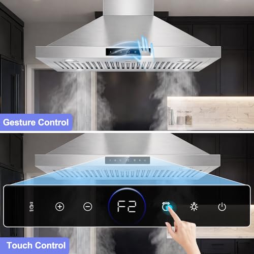 Image of 36 inch Island Range Hood Ceiling Mount 1200 CFM with 4-Speed Gesture Sensing & Touch Control, Ducted /Ductless Stainless Steel Kitchen Stove Vent Hoods with 4 LED Lights, Timer,Dishwasher-Safe Filters