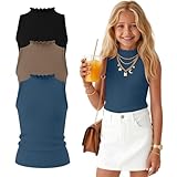 Ficerd 3 Pack Girls Mock Neck Tank Tops 5-14Y Ribbed Knit Sleeveless Undershirts Lettuce Trim Slim fit Camisole Layering Tees(9-10 Years,Haze Blue, Mocha Brown, Black)
