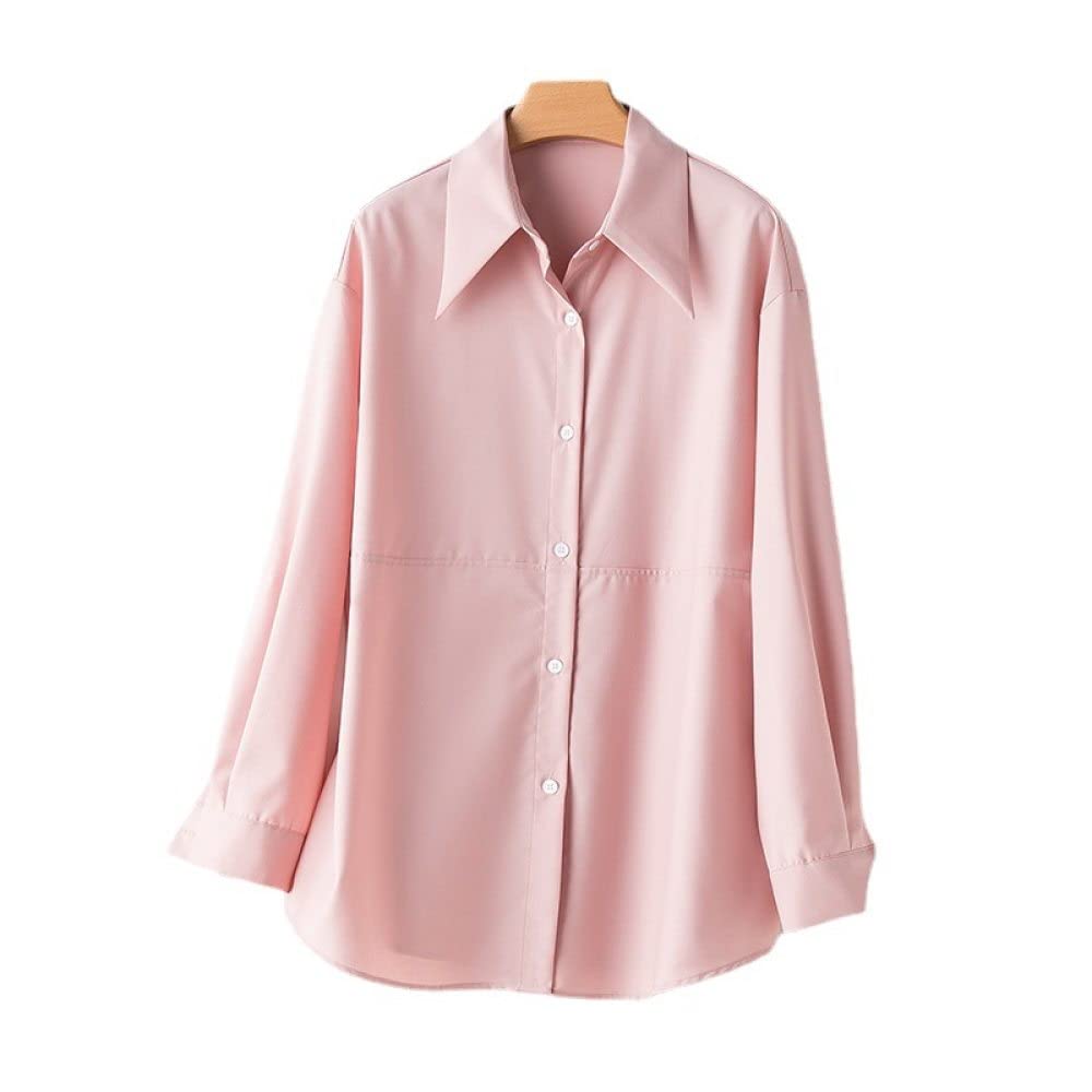 MIDJ Damen-Hemd Mit Knopfleiste,Elegantes Damen-Revers-Tops Hemd Rosa Falte Satin Tunika Hemd Ballon Langarm Chiffon Bluse Hemd Lässige Büro Business Bluse Für Mädchen Damen