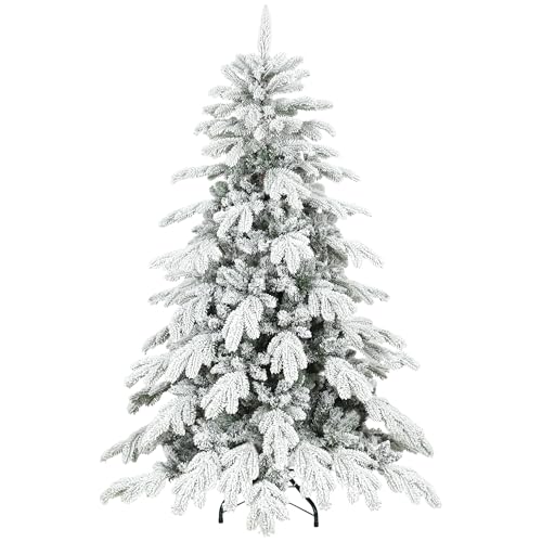 HOMCOM 5ft Artificial Christmas Tree, Snow Flocked Christmas Tree with Realistic Dense Branches, Hinged Design, Metal Stand, Wide Shape, Easy Assembly, Xmas Home Decoration, Green White